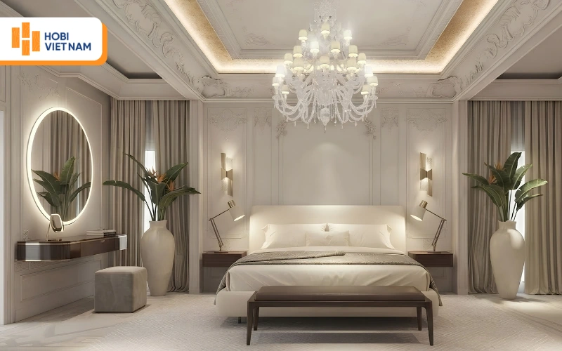 Trần thạch cao tân cổ điển, phào chỉ vàng lộng lẫy, đèn chùm pha lê sang trọng Trần thạch cao tân cổ điển, phào chỉ vàng lộng lẫy, đèn chùm pha lê sang trọng