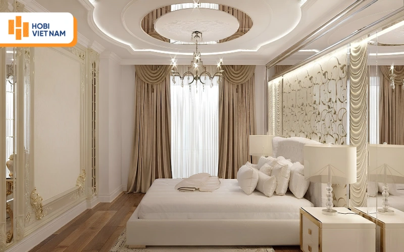 Mẫu trần thạch cao giật cấp tân cổ điển, kết hợp gương và đèn hắt ánh kim tinh tế Mẫu trần thạch cao giật cấp tân cổ điển, kết hợp gương và đèn hắt ánh kim tinh tế