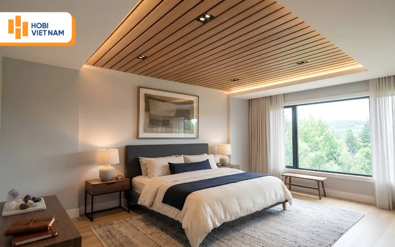 Trần thạch cao giật cấp kết hợp ốp gỗ lam sóng ấm áp, hiện đại Trần thạch cao giật cấp kết hợp ốp gỗ lam sóng ấm áp, hiện đại
