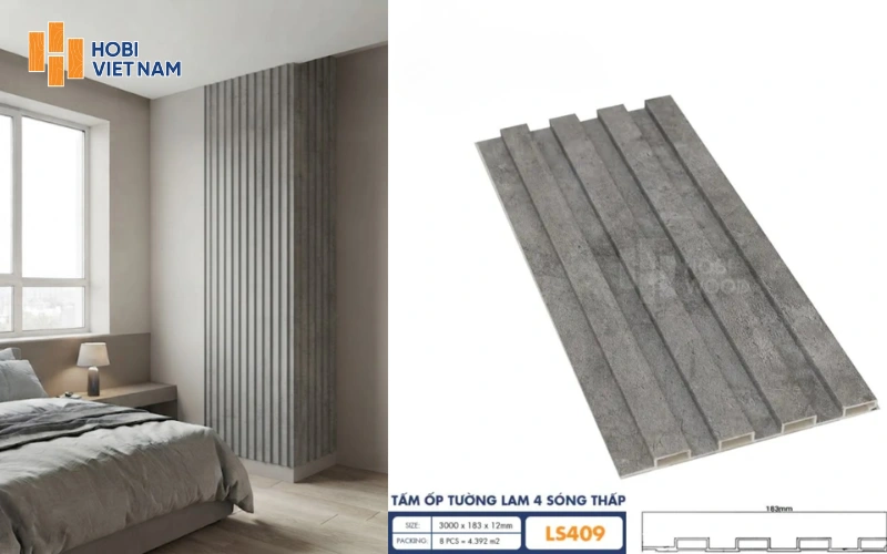 Cột phòng ngủ ốp tấm ốp tường lam 4 sóng thấp HobiWood LS409 màu xám giả bê tông hiện đại Cột phòng ngủ ốp tấm ốp tường lam 4 sóng thấp HobiWood LS409 màu xám giả bê tông hiện đại