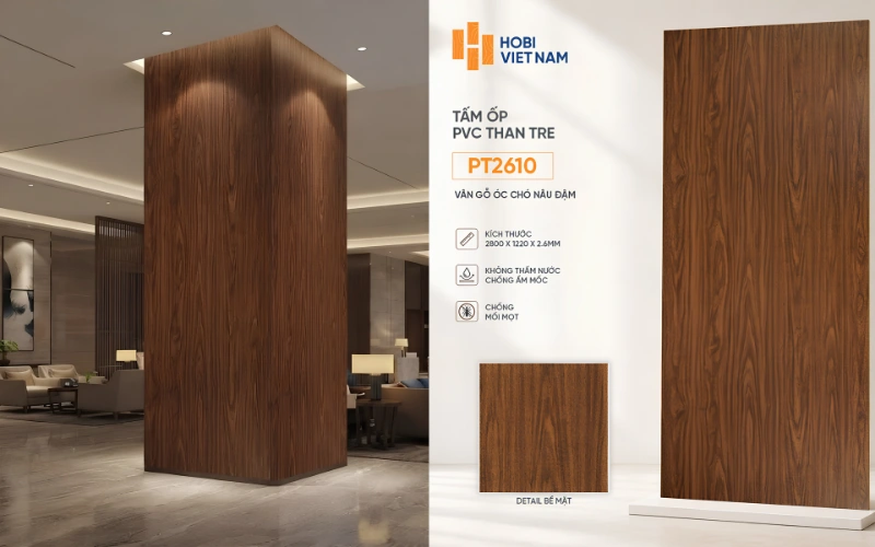 Cột không gian lớn ốp tấm ốp than tre PT2610 màu vân gỗ óc chó nâu đậm hiện đại, sang trọng Cột không gian lớn ốp tấm ốp than tre PT2610 màu vân gỗ óc chó nâu đậm hiện đại, sang trọng