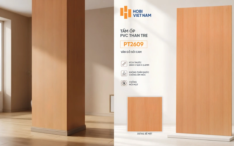 Cột ốp tấm ốp than tre PT2609 màu vân gỗ sồi cam hiện đại, sang trọng Cột ốp tấm ốp than tre PT2609 màu vân gỗ sồi cam hiện đại, sang trọng