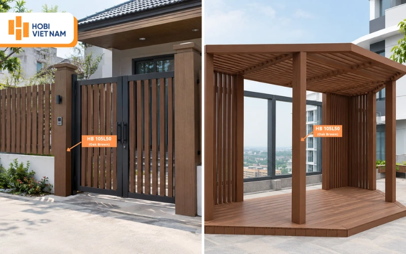 Hệ lam gỗ nhựa HB 105L50 (Oak Brown) tạo điểm nhấn sang trọng cho cổng rào và chòi nghỉ Hệ lam gỗ nhựa HB 105L50 (Oak Brown) tạo điểm nhấn sang trọng cho cổng rào và chòi nghỉ