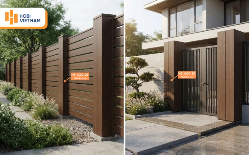 Cột và hàng rào ngoài trời được ốp bằng trụ gỗ nhựa HB 120C120 màu Oak Brown bền đẹp Cột và hàng rào ngoài trời được ốp bằng trụ gỗ nhựa HB 120C120 màu Oak Brown bền đẹp