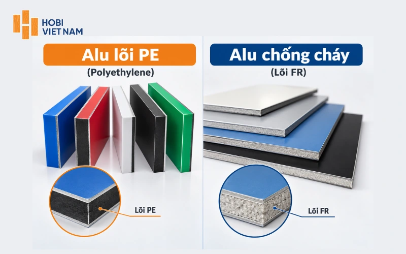 Tấm nhôm ốp tường lõi PE và lõi FR