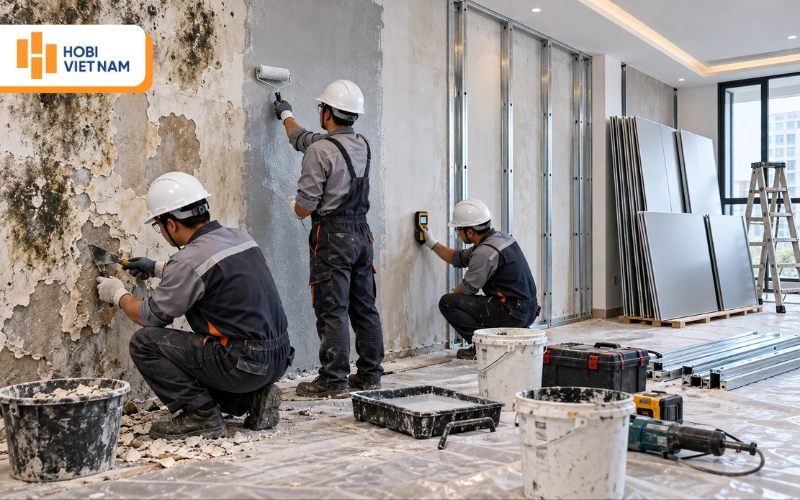 Xử lý nền tường trước khi ốp tấm nhôm trên tường