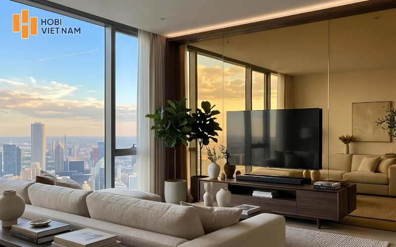 Ốp vách tivi bằng tấm than tre tráng gương vàng đồng phản chiếu cảnh quan căn hộ 