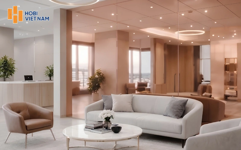 Ốp tường phòng khách bằng tấm than tre tráng gương rose gold tạo vẻ đẹp ngọt ngào 
