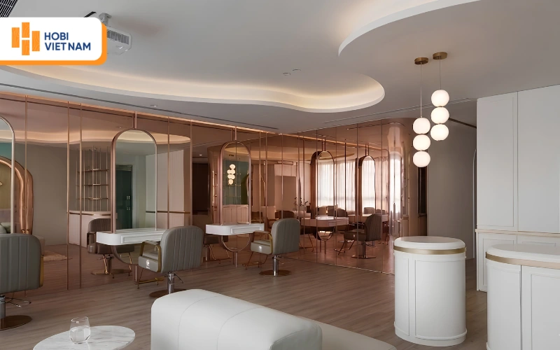 Ốp tường salon tóc bằng tấm than tre tráng gương rose gold lộng lẫy, thu hút 