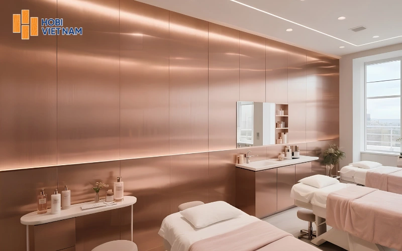 Ốp tường phòng Spa bằng tấm than tre tráng gương rose gold mang cảm giác thư thái 