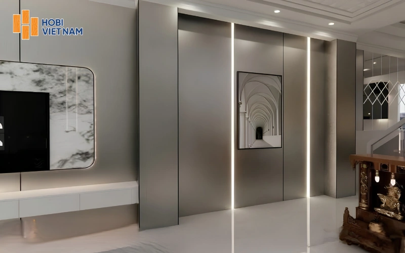 Ốp tường vách tivi bằng tấm than tre hiệu ứng kim loại xám titan kết hợp LED 