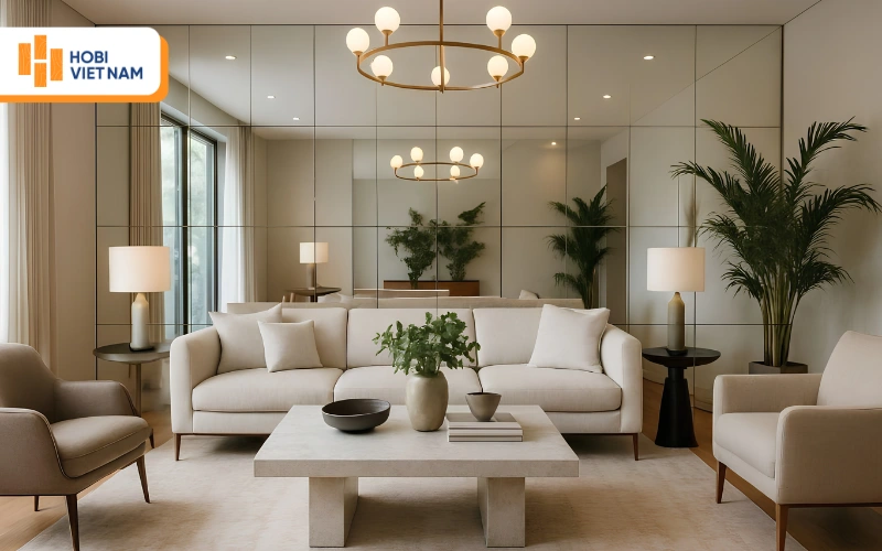 Ốp tường sau sofa bằng tấm than tre tráng gương bạc ghép ô nới rộng phòng