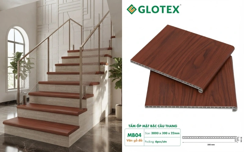 Tấm ốp bậc cầu thang Glotex MB04 vân gỗ đỏ cổ điển, ấm cúng