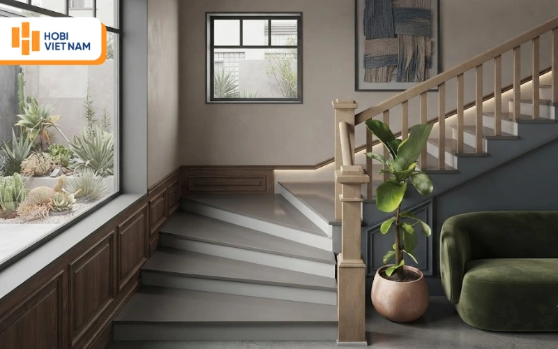 Cầu thang ốp gạch xám trung tính tinh tế kèm lan can gỗ ấm áp
