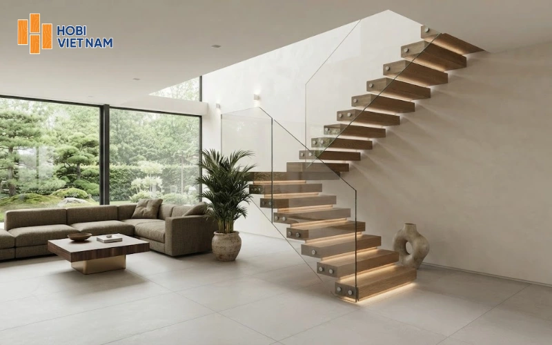 Cầu thang ốp sàn gỗ công nghiệp tích hợp đèn LED và lan can kính cường lực