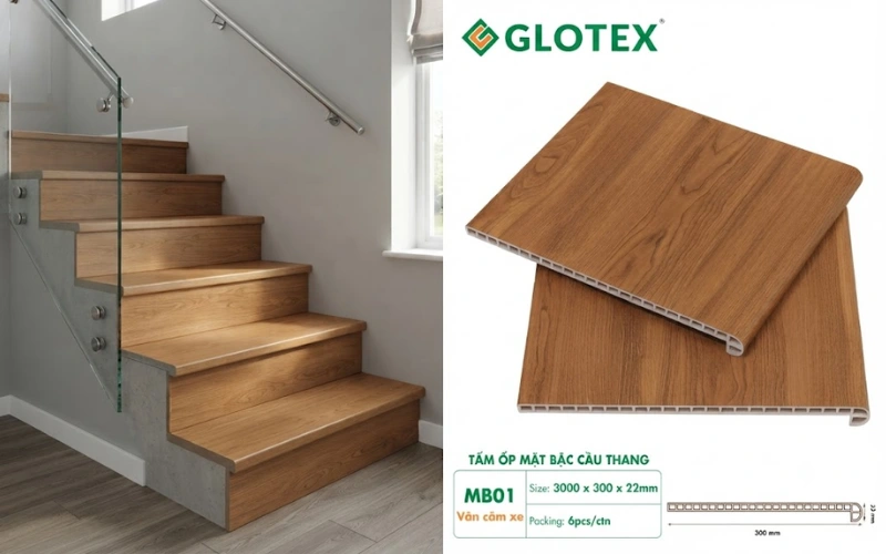 Tấm ốp bậc cầu thang Glotex MB01 vân cầm xe sang trọng, bền đẹp