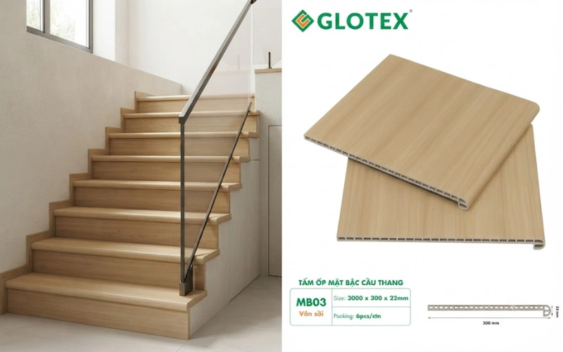 Tấm ốp mặt bậc cầu thang Glotex MB03 vân sồi sáng hiện đại